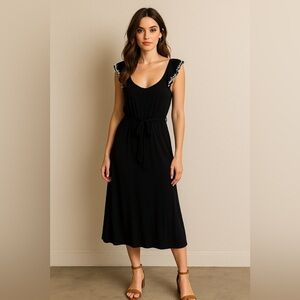 Loft Elegant Midi belted Black Dress with white Embellished Sleeves Size XL